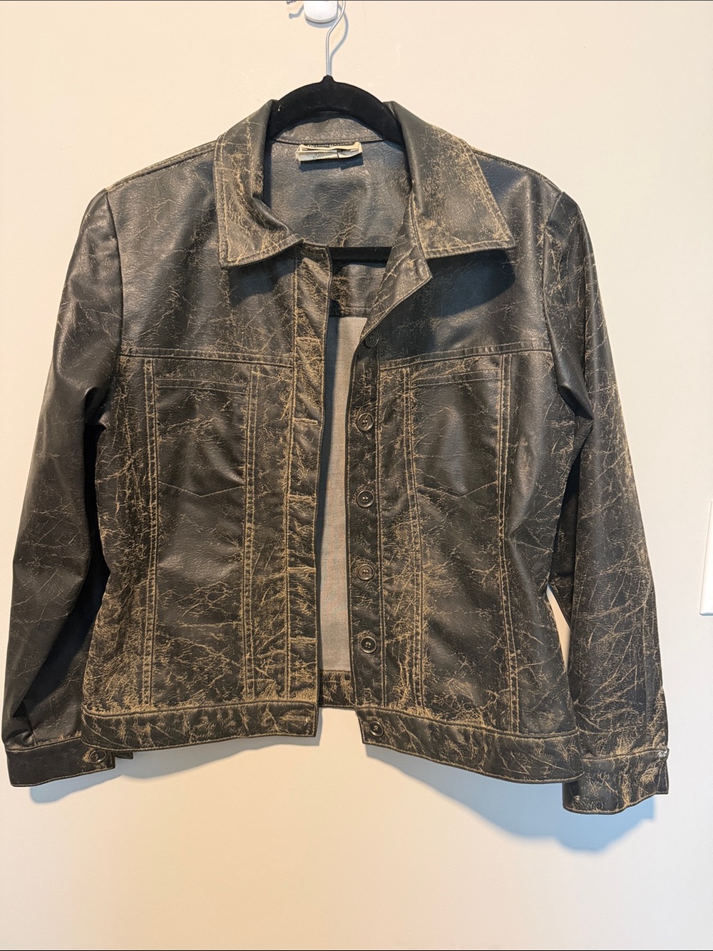 Vintage Women’s Distressed Faux Leather Button-Front Jacket - brown/Black small